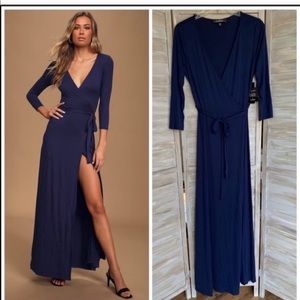 Lulus NWT wrap maxi dress navy blue 3/4 sleeve M